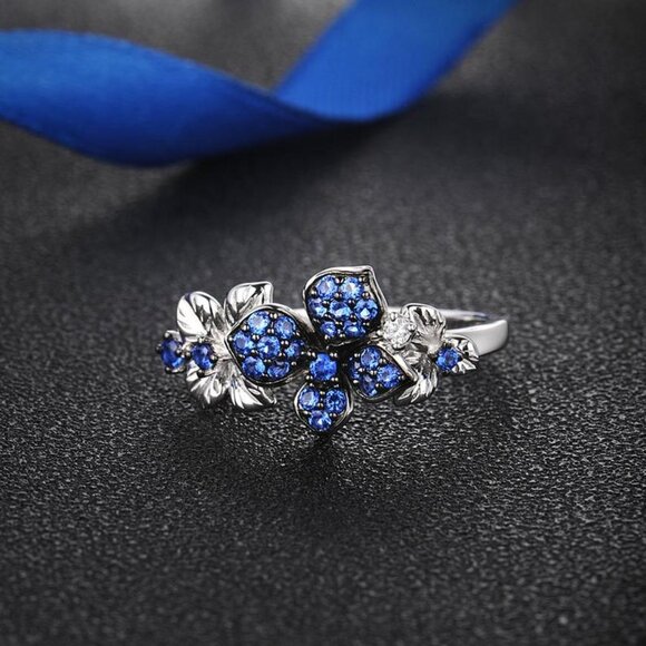 💍Beautiful Royal Blue Flower Pure Zircon Silver Rings for Women, INDN8274 - Picture 6 of 6